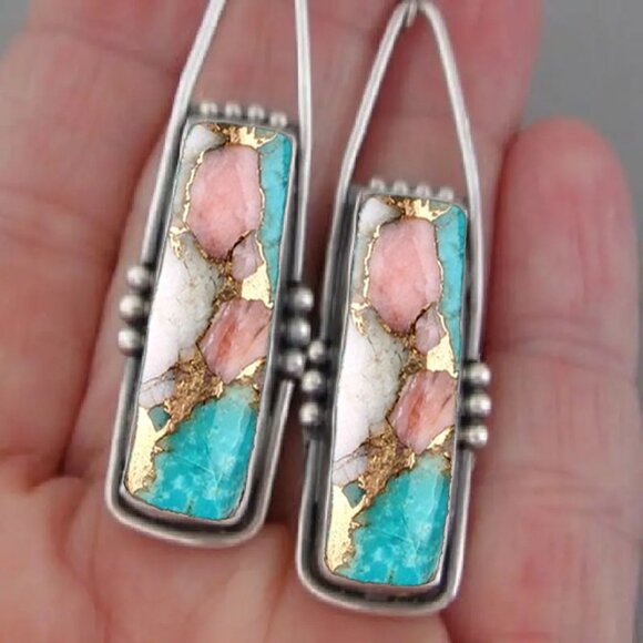 1pair Fashion Bohemian Earrings, Retro Rectangular Dangle Earrings - Picture 2 of 5